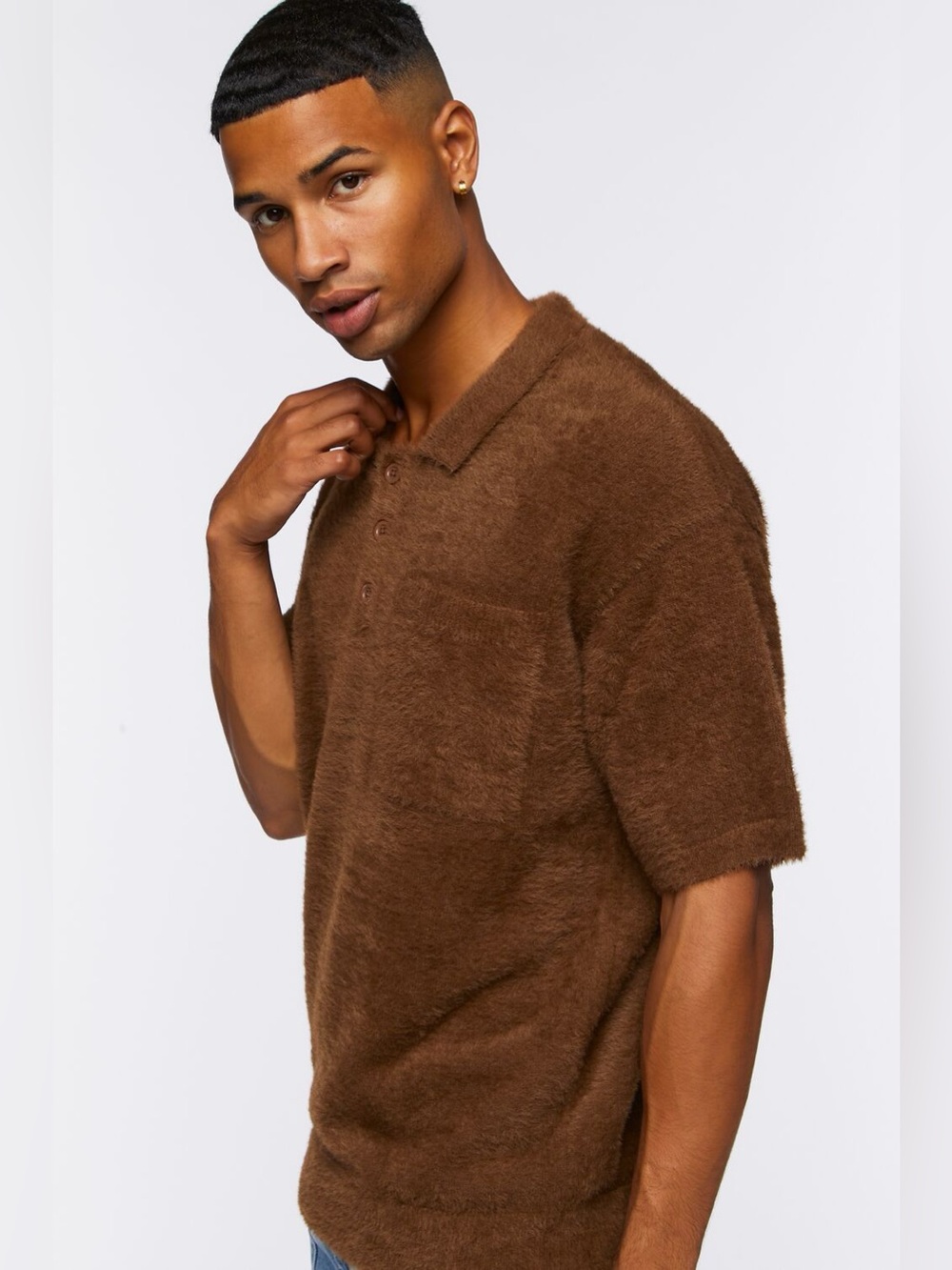 Forever 21 Men’s Brown Fuzzy Knit Polo Shirt, size XL